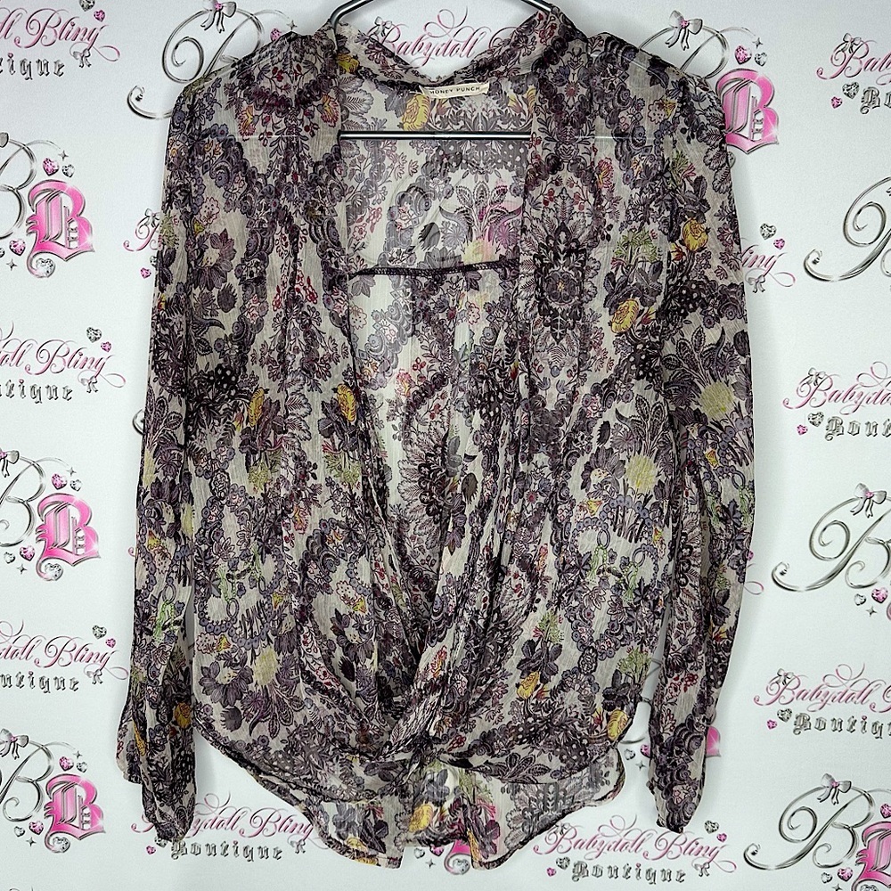 Honey punch blouse floral paisley mesh open front waterfall purple white gold